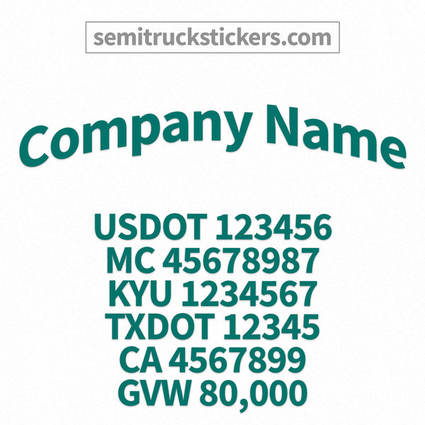 company name decal with usdot, mc, kyu, txdot, ca, gvw