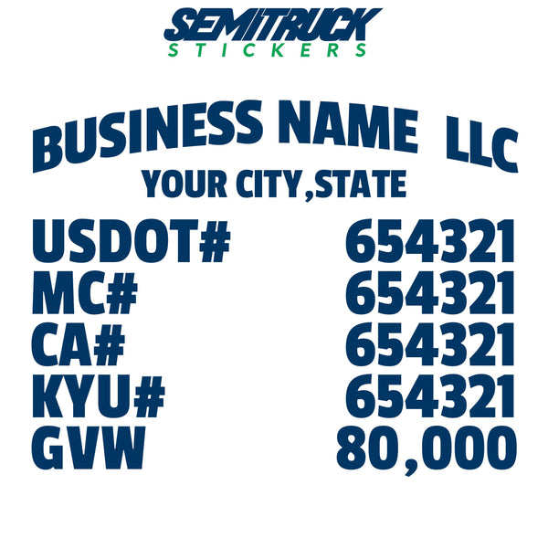 arched business name, location, usdot, mc, ca, kyu & gvw decal sticker