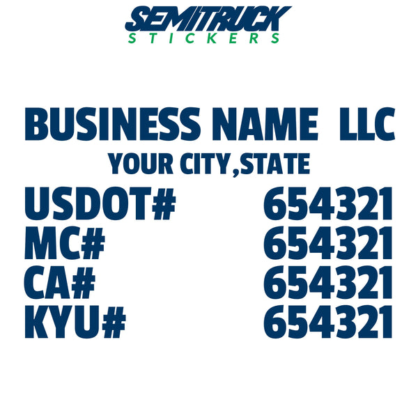 business name, location, usdot, mc, ca & kyu decal sticker