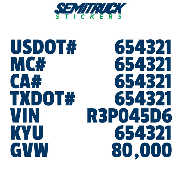 usdot, mc, ca, txdot, vin, kyu & gvw decal sticker