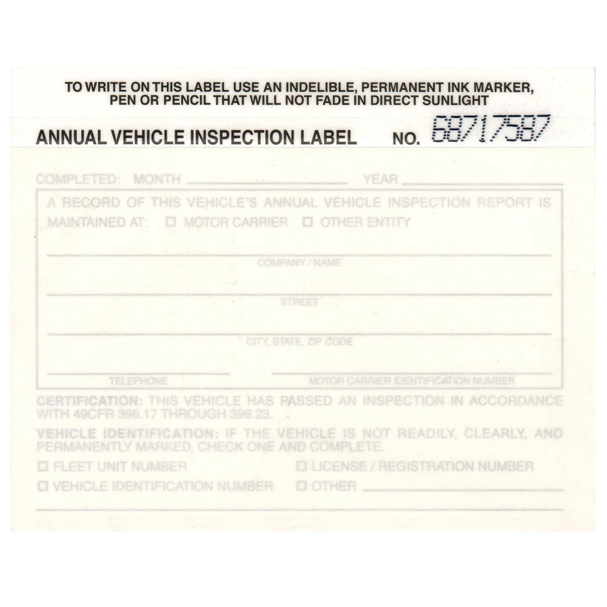 White FMCSA Annual Vehicle Inspection Label Decal For Compliance