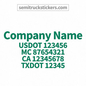 company name decal with usdot, mc, ca, txdot