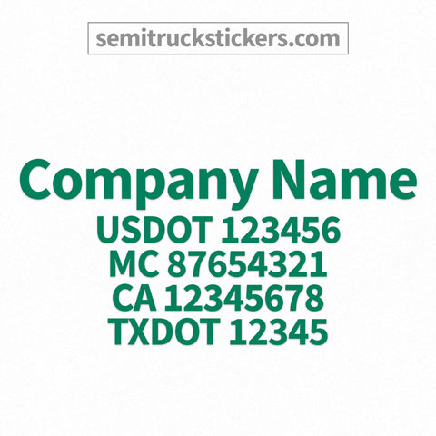 company name decal with usdot, mc, ca, txdot