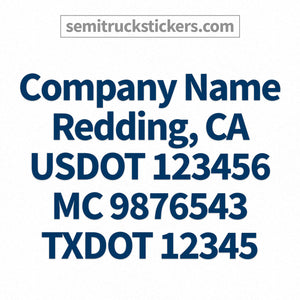 company name decal with location, usdot, mc, txdot