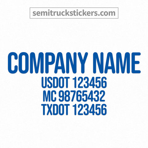 company name truck decal with usdot, mc, txdot, gvw