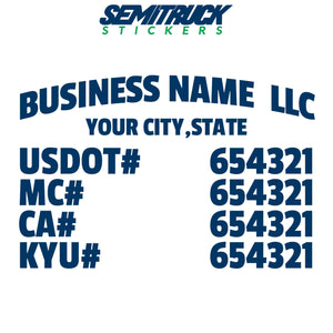 arched business name, location, usdot, mc, ca & kyu decal sticker