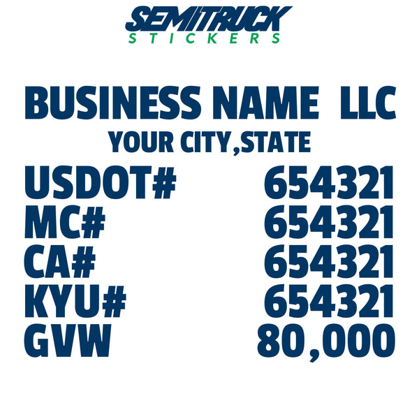 business name, location, usdot, mc, ca, kyu & gvw decal sticker