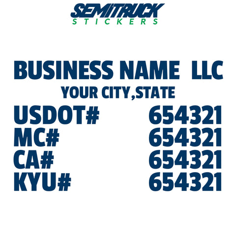 business name, location, usdot, mc, ca & kyu decal sticker